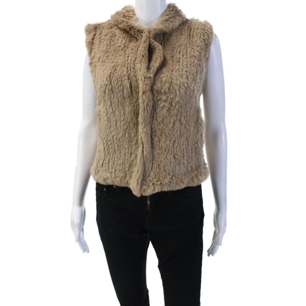 June Women Dyed Rabbit Fur High Neck Tie Vest Beige Sleeveless Size XS